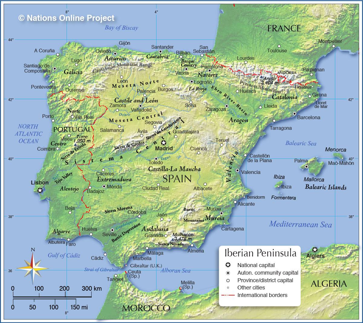Spanien topografisk karta - Karta över Spanien topografiska (Södra