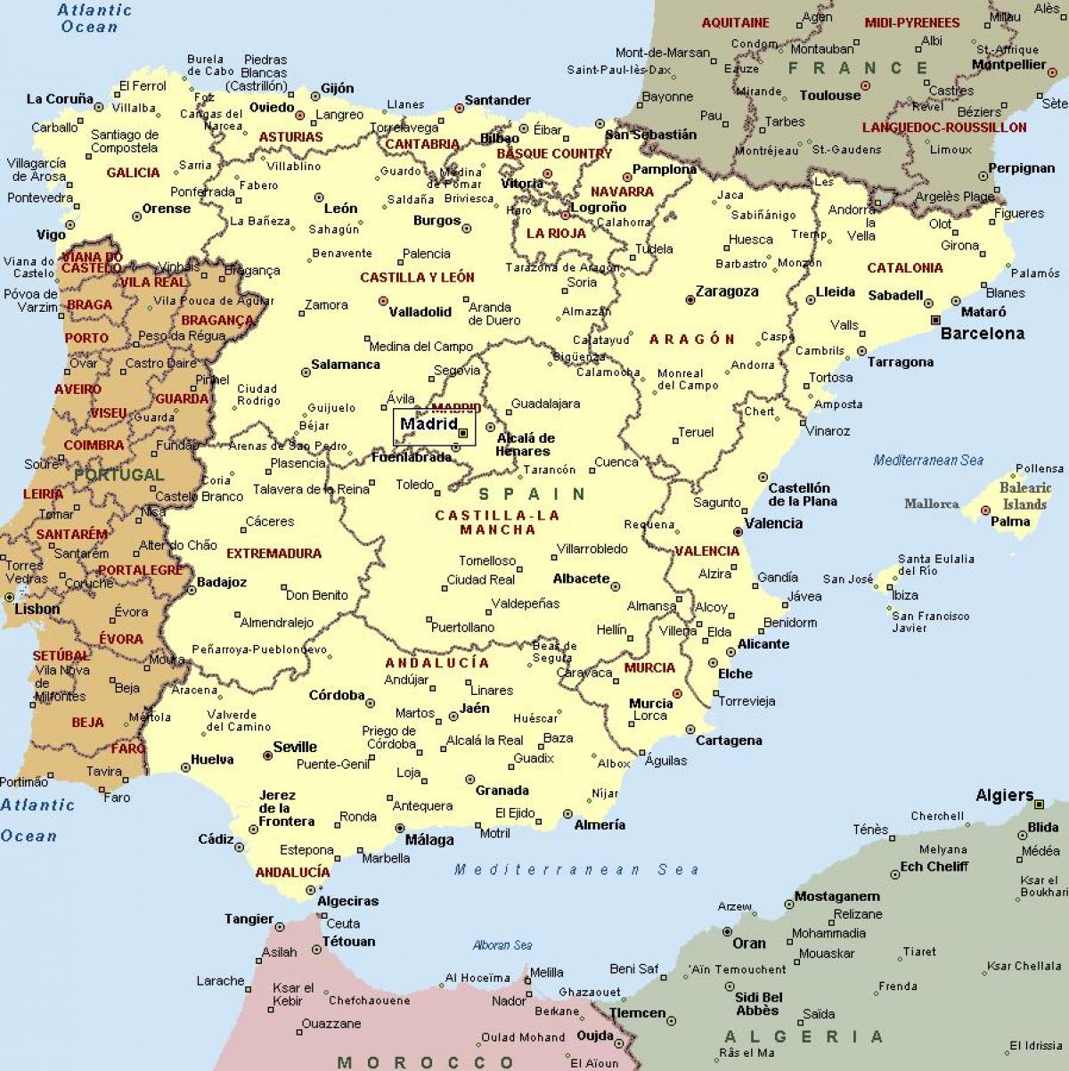 Karta över Spanien med städer - Karta över Spanien och städer (Södra